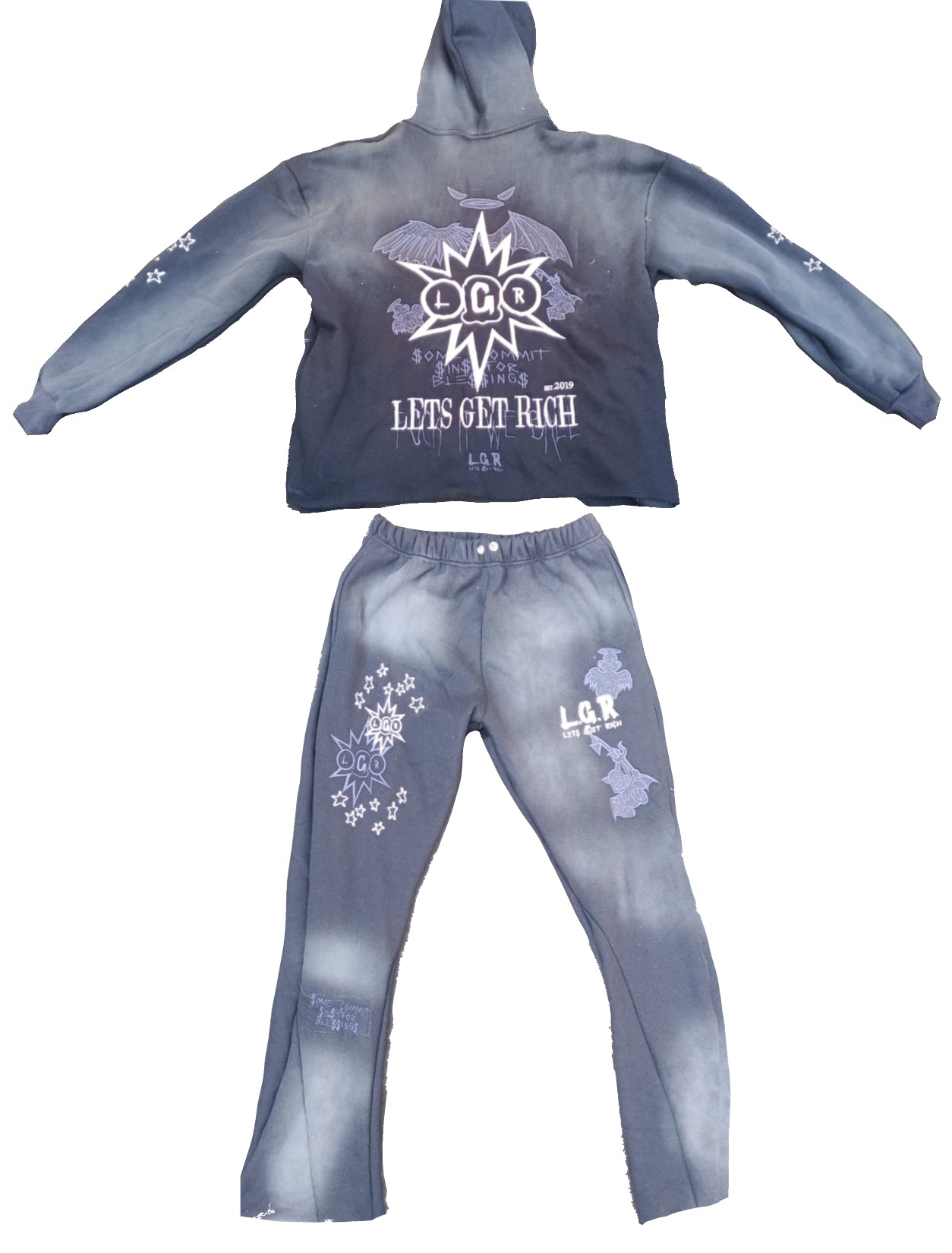 LGR Blue Sun Faded “Bles-Sins” zipper Sweatsuit Set